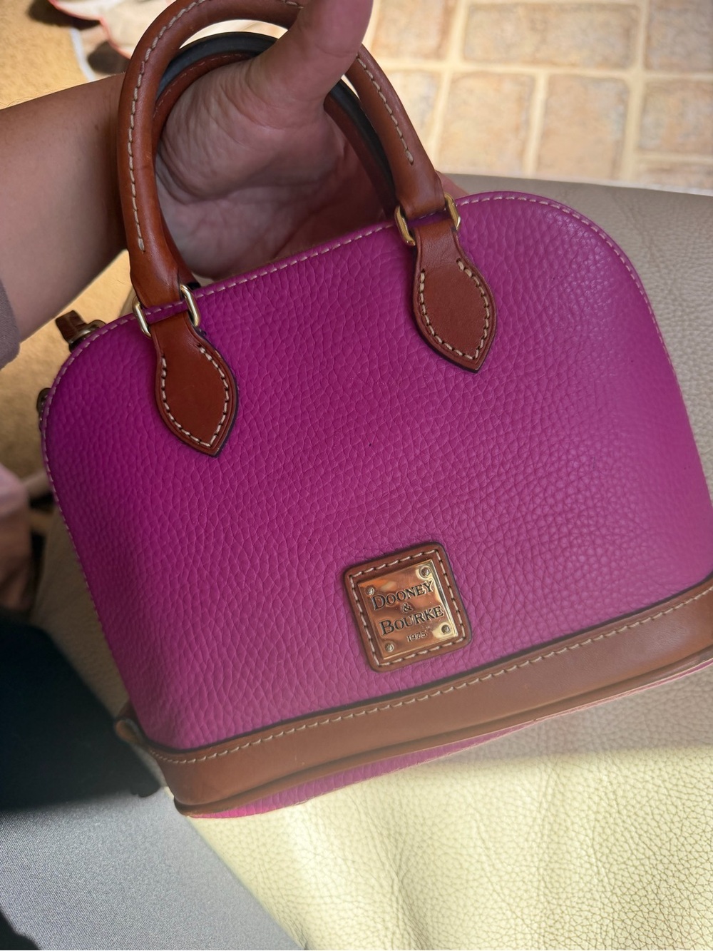 Dooney & Bourke Fuchsia Pebble Leather Mini Satchel with Brown Trim - Picture 5 of 11